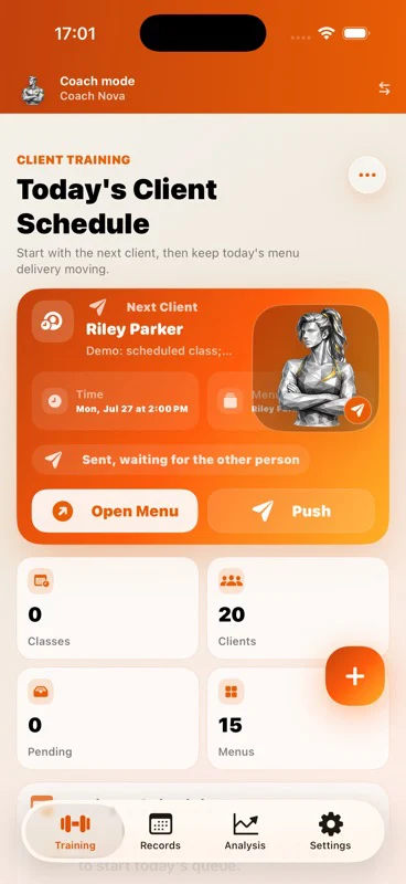 FitRoster Pro coach dashboard on iPhone