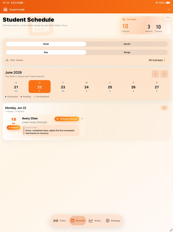 FitRoster Pro coach schedule screen on iPad