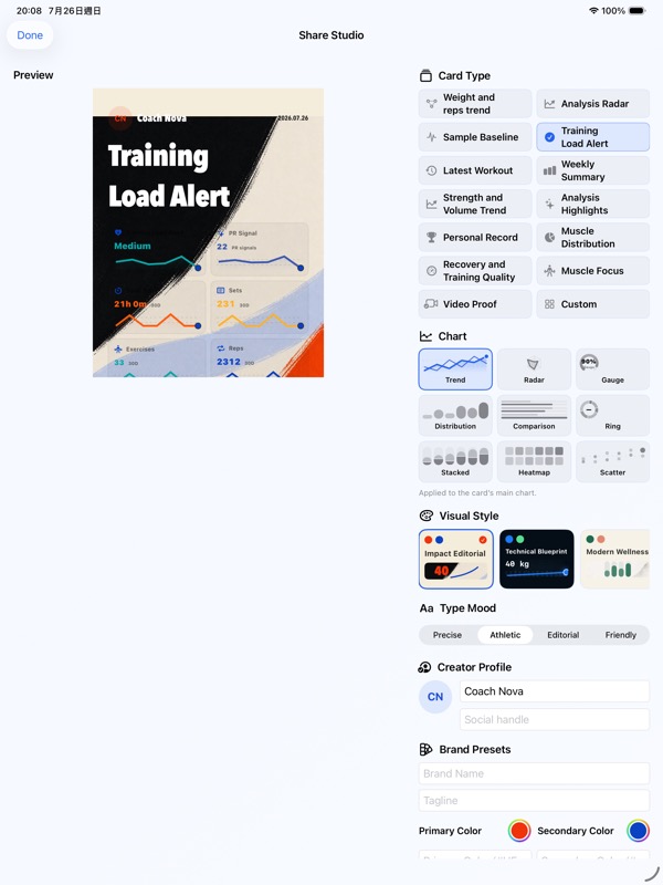 English FitRoster Pro Share Studio showing a finished training card