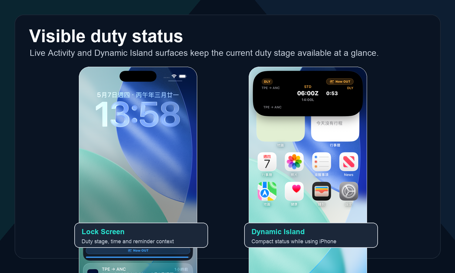 Crew Duty Time Lock Screen Live Activity and Dynamic Island status examples