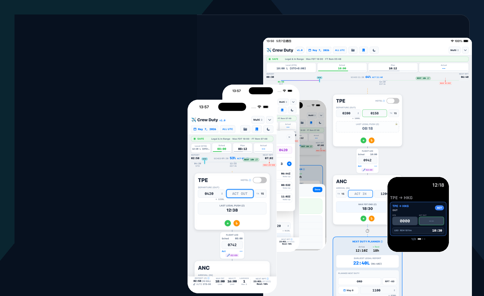 Crew Duty Time shown on iPhone, iPad, and Apple Watch