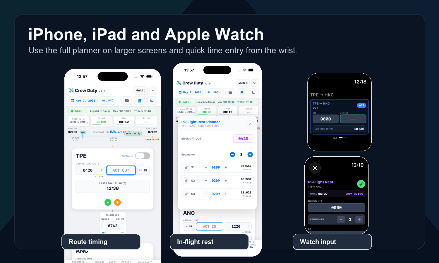 Crew Duty Time iPhone planner, in-flight rest planner, and Apple Watch input screens