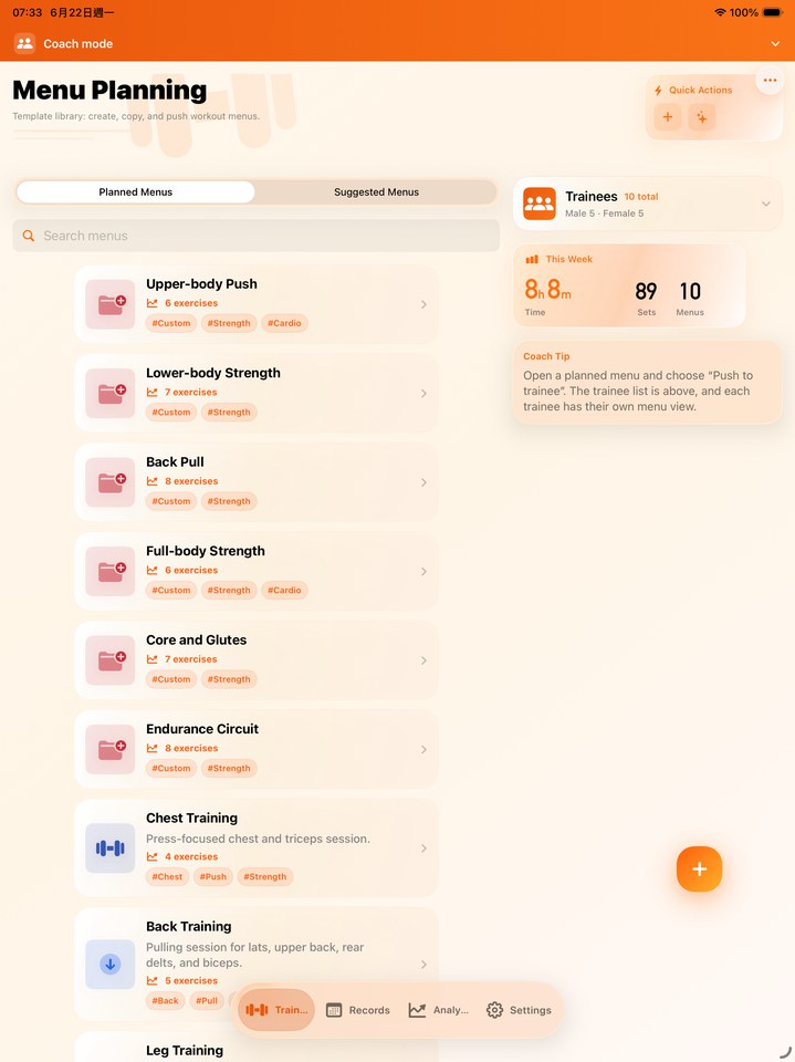 FitRoster coach plan overview on iPad