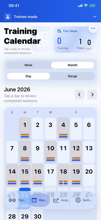 FitRoster records calendar screen