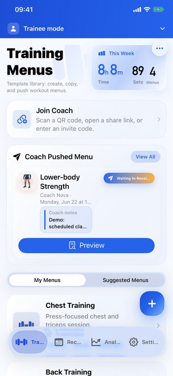 FitRoster trainee training menu screen